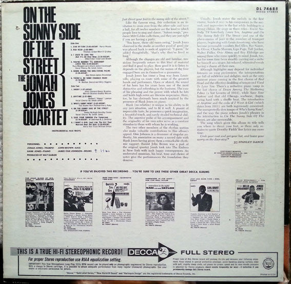 The Jonah Jones Quartet : On The Sunny Side Of The Street (LP, Album)