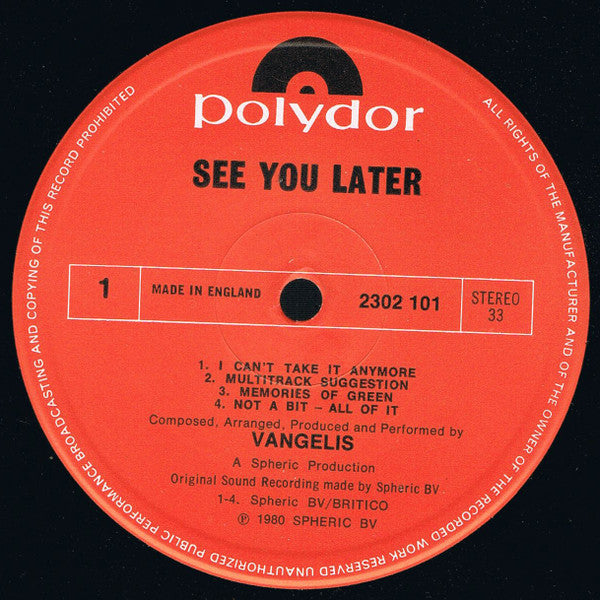 Vangelis : See You Later (LP, Album)