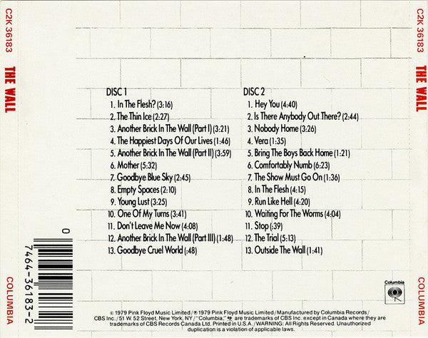 Pink Floyd : The Wall (2xCD, Album, RE)