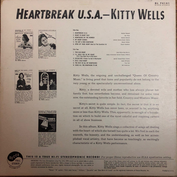 Kitty Wells : Heartbreak U.S.A. (LP, Album, Pin)