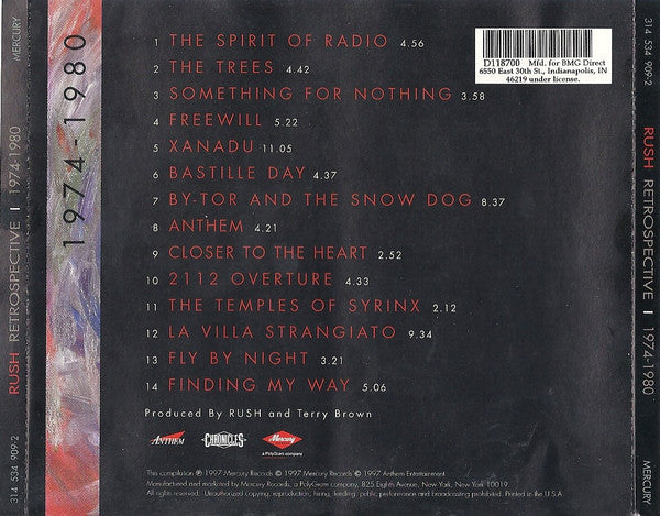 Rush : Retrospective I 1974-1980 (CD, Comp, Club, PMD)