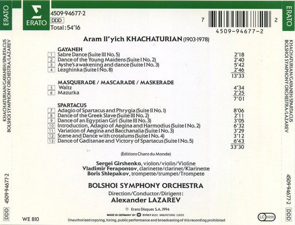 Aram Khachaturian*, Bolshoi Symphony Orchestra*, Alexander Lazarev : Gayaneh (Sabre Dance) / Spartacus / Masquerade (Excerpts) (CD, Album)