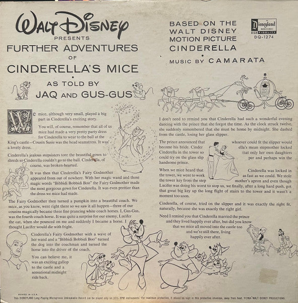 Camarata*, Sterling Holloway, Robie Lester, Jimmy MacDonald : Walt Disney's Further Adventures Of Cinderella's Mice (LP, Album, Mono)