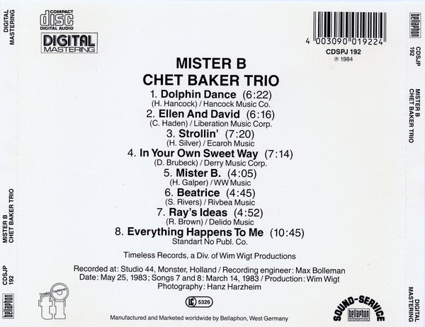 Chet Baker Trio : Mr. B. (CD, Album, RE)