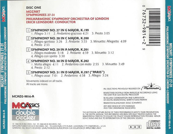 Wolfgang Amadeus Mozart – Philharmonic Symphony Orchestra Of London*, Erich Leinsdorf : Symphonies 27-31 | Symphonies 32-35 (2xCD, Comp, Mono, RE, RM)
