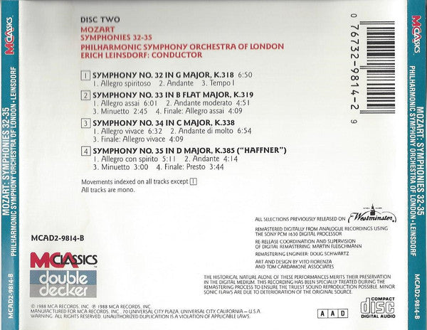 Wolfgang Amadeus Mozart – Philharmonic Symphony Orchestra Of London*, Erich Leinsdorf : Symphonies 27-31 | Symphonies 32-35 (2xCD, Comp, Mono, RE, RM)