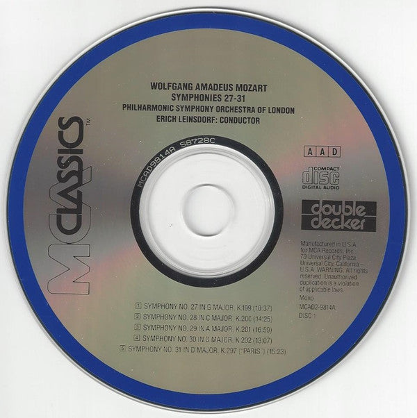 Wolfgang Amadeus Mozart – Philharmonic Symphony Orchestra Of London*, Erich Leinsdorf : Symphonies 27-31 | Symphonies 32-35 (2xCD, Comp, Mono, RE, RM)