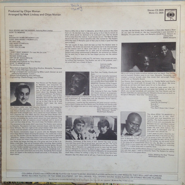 Paul Revere & The Raiders Featuring Mark Lindsay : Goin' To Memphis (LP, Album)
