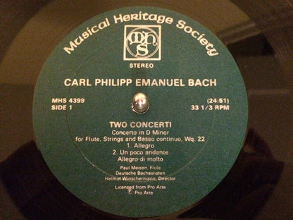Carl Philipp Emanuel Bach - Deutsche Bachsolisten, Helmut Winschermann, Paul Meisen, Anner Bylsma : Two Concerti (LP, RE)