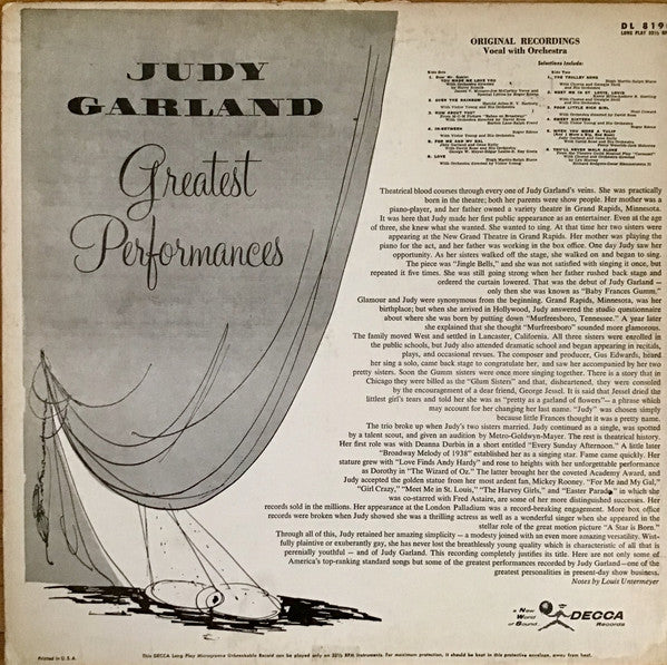 Judy Garland : Greatest Performances Original Recordings (LP, Comp, RP)