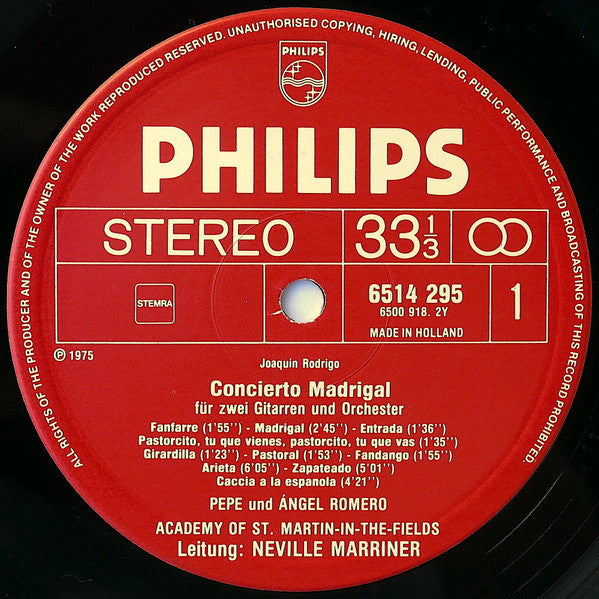 Joaquín Rodrigo - Pepe Romero & Angel Romero (2), The Academy Of St. Martin-in-the-Fields, Sir Neville Marriner : Concierto Madrigal (For Two Guitars / Für Zwei Gitarren) / Fantasía Para Un Gentilhombre (LP)