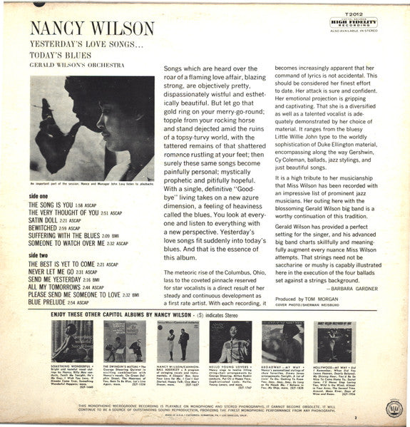 Nancy Wilson, (Gerald Wilson's Orchestra)* : Yesterday's Love Songs • Today's Blues (LP, Album, Mono, RP, Scr)