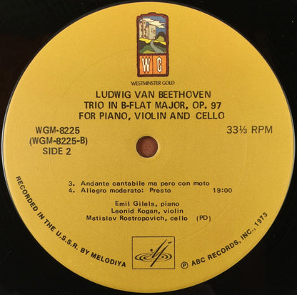 Beethoven*, Emil Gilels • Leonid Kogan • Mstislav Rostropovich : Trio In B-Flat Major For Piano, Violin & Cello (LP, Album, Mono, RE)