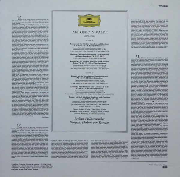 Antonio Vivaldi, Berliner Philharmoniker • Herbert Von Karajan : 6 Concerti «L'Amoroso» U.A. (LP)