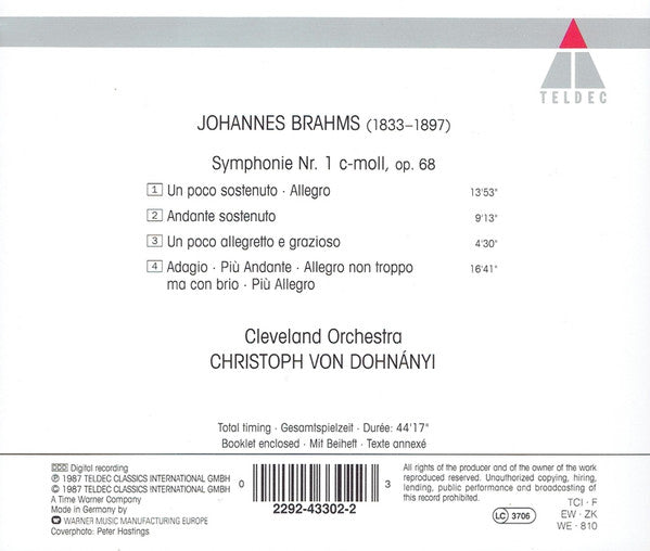 Johannes Brahms – Cleveland Orchestra*, Christoph von Dohnányi : Symphonie Nr. 1 C-Moll, Op. 68 (CD, Album, RE)