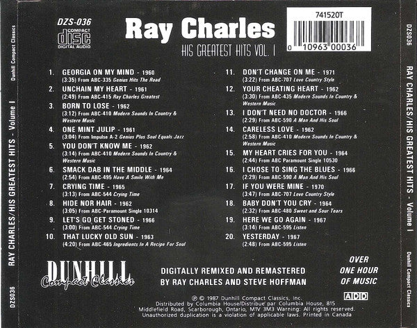 Ray Charles : His Greatest Hits Vol. 1 (CD, Comp, Club)