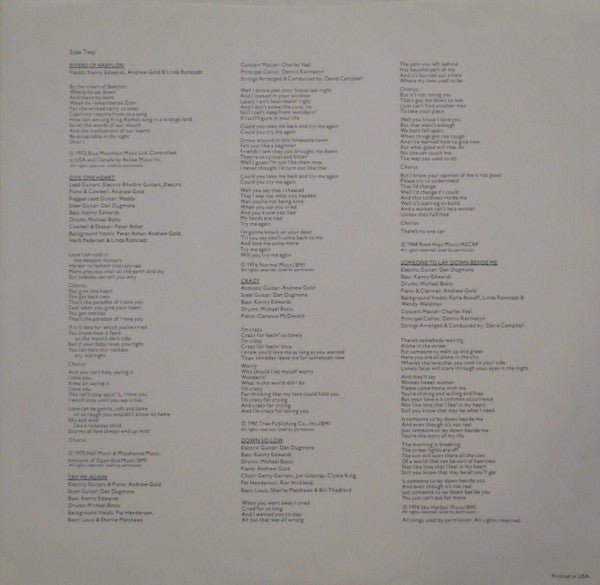 Linda Ronstadt : Hasten Down The Wind (LP, Album, Club, SP,)
