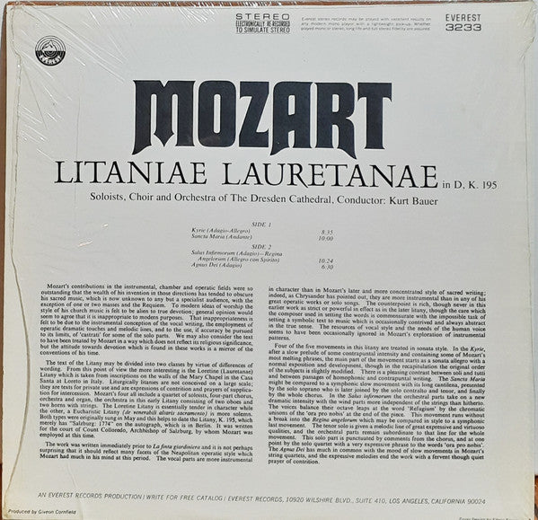 Mozart*, Soloists, Choir And Orchestra Of The Dresden Cathedral*, Kurt Bauer* : Litaniae Lauretanae In D, K. 195 (LP)