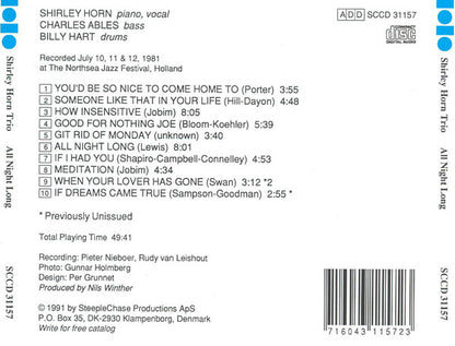 Shirley Horn Trio : All Night Long (CD, Album, RE)