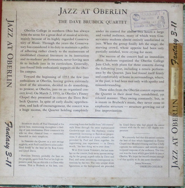 The Dave Brubeck Quartet : Jazz At Oberlin (10", Album, Mono, RP)