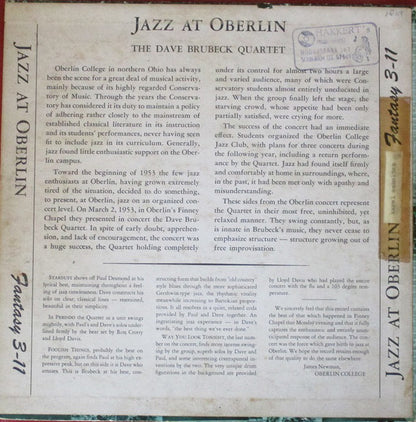 The Dave Brubeck Quartet : Jazz At Oberlin (10", Album, Mono, RP)