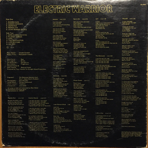 T. Rex : Electric Warrior (LP, Album, Ter)