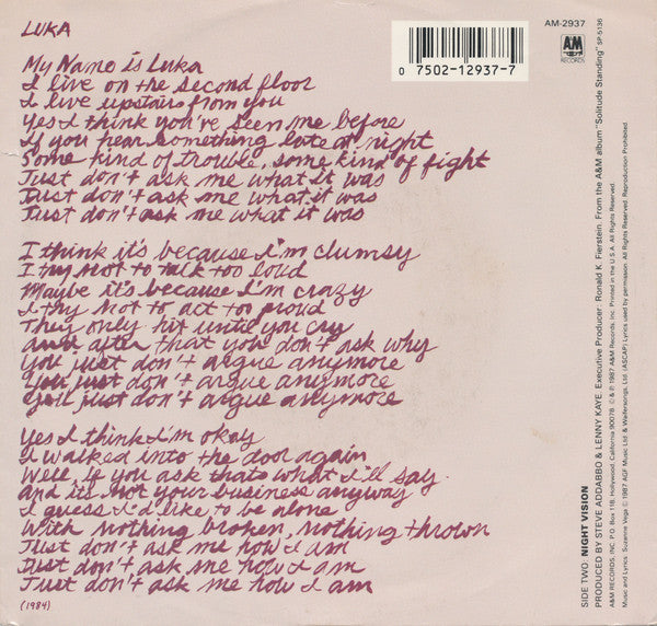 Suzanne Vega : Luka (7", Single, Styrene, Car)