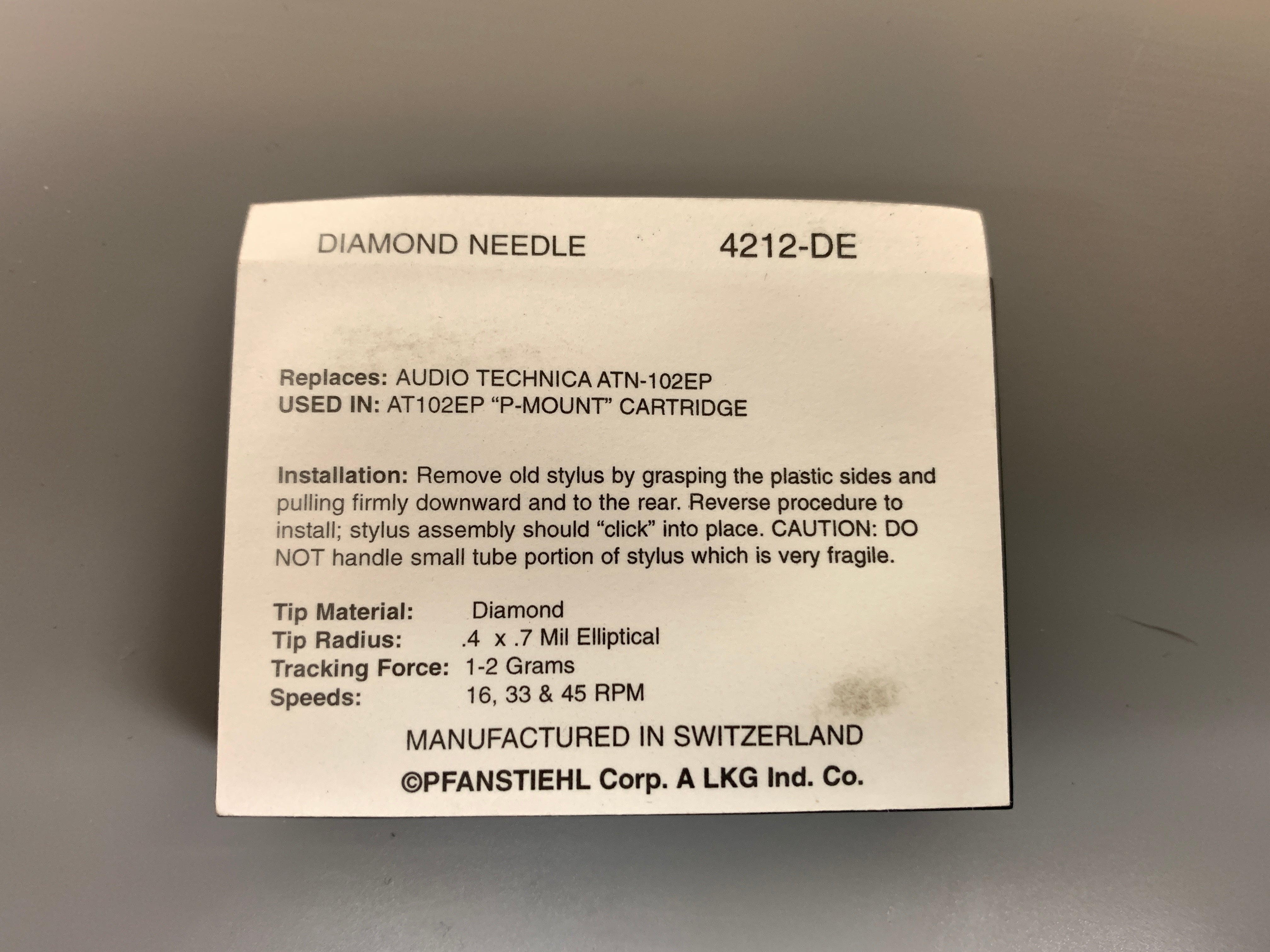 4212-DE Pfanstiehl * Audio Technica AT-102EP Stylus