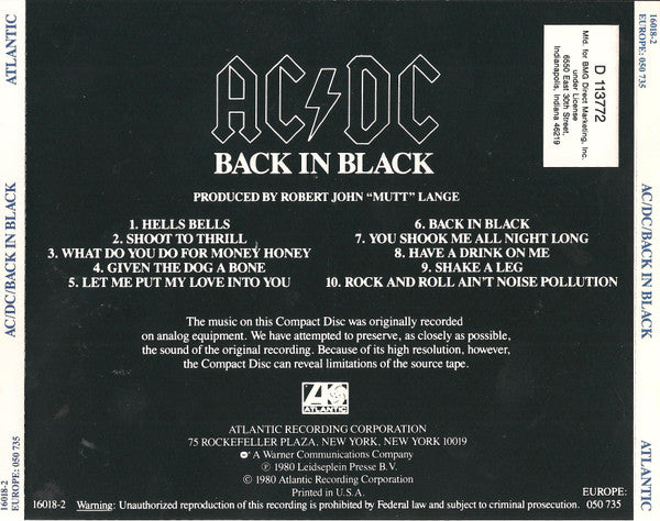 AC/DC : Back In Black (CD, Album, Club, RE, SRC)