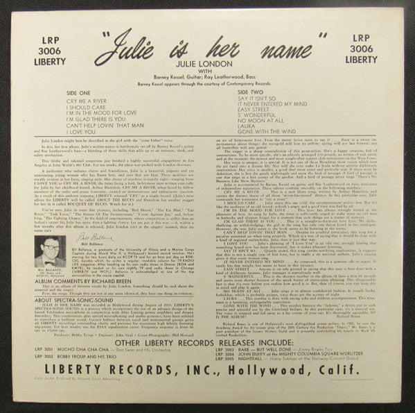 Julie London : Julie Is Her Name (LP, Album, Mono)
