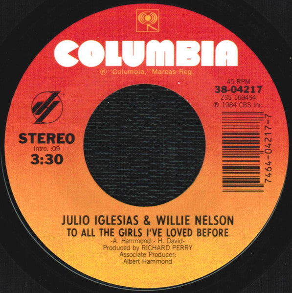 Julio Iglesias & Willie Nelson : To All The Girls I've Loved Before (7", Single, Styrene, Pit)