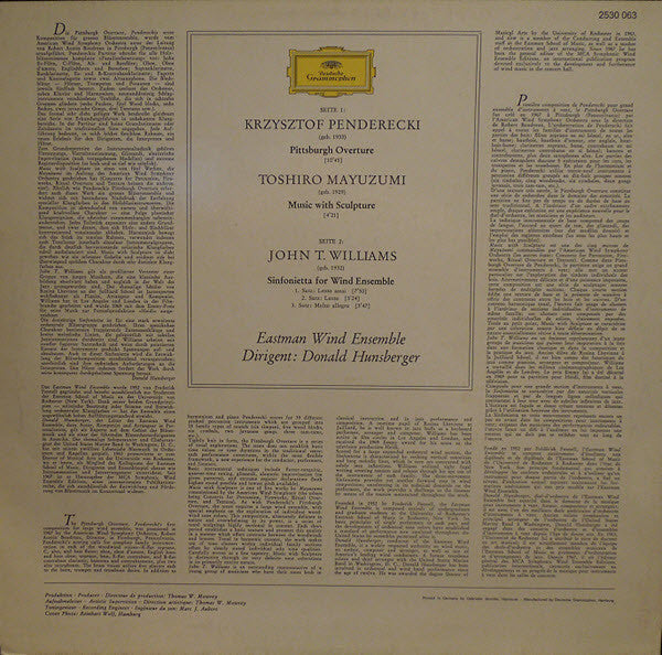Krzysztof Penderecki / Toshiro Mayuzumi / John T. Williams* - Eastman Wind Ensemble, Donald Hunsberger : Pittsburgh Overture / Music With Sculpture / Sinfonietta For Wind Ensemble (LP, RP)