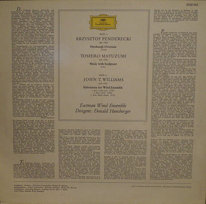 Krzysztof Penderecki / Toshiro Mayuzumi / John T. Williams* - Eastman Wind Ensemble, Donald Hunsberger : Pittsburgh Overture / Music With Sculpture / Sinfonietta For Wind Ensemble (LP, RP)