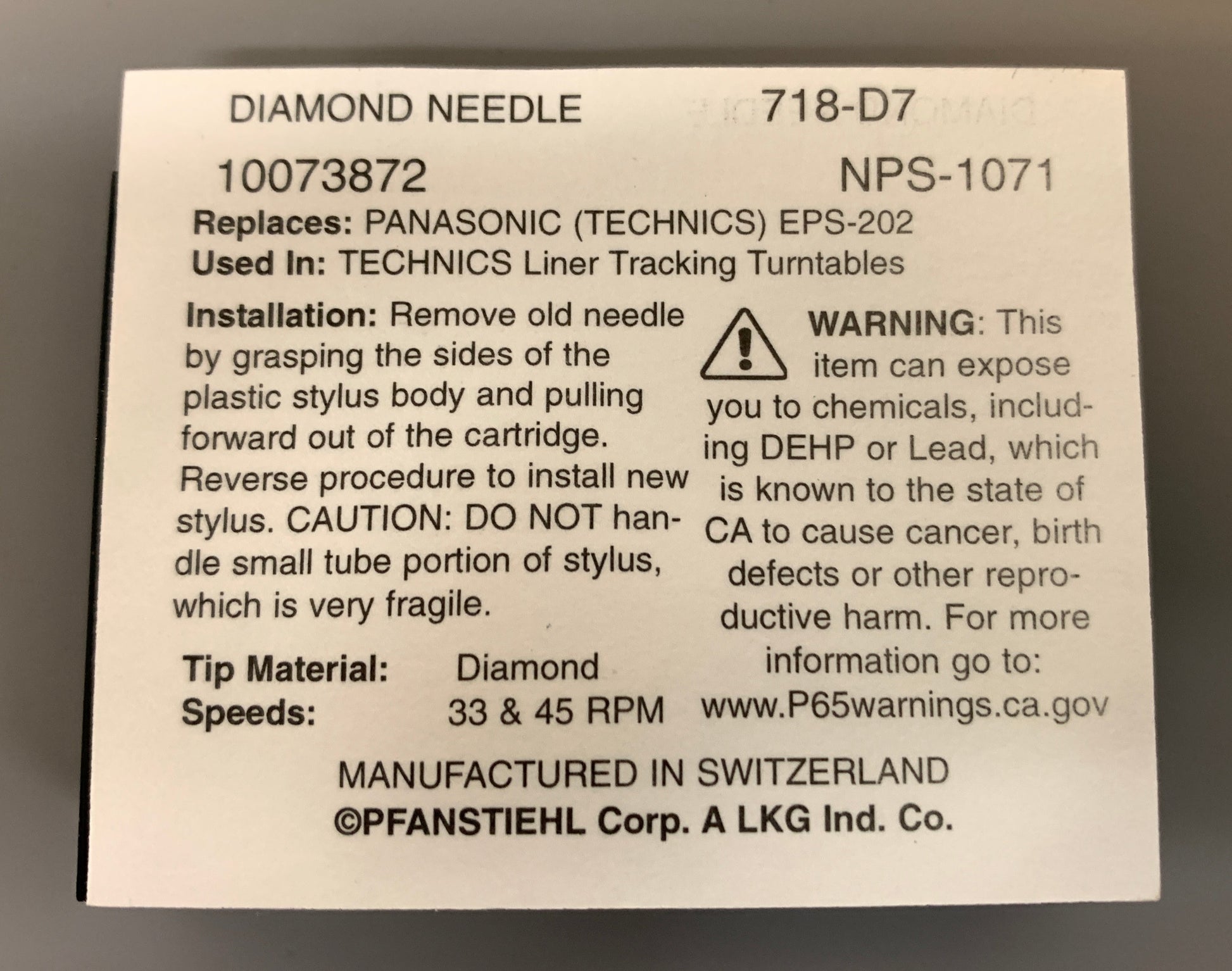 0718D7 Pfanstiehl * Panasonic/Technics EPS2X Stylus The Turntable Store