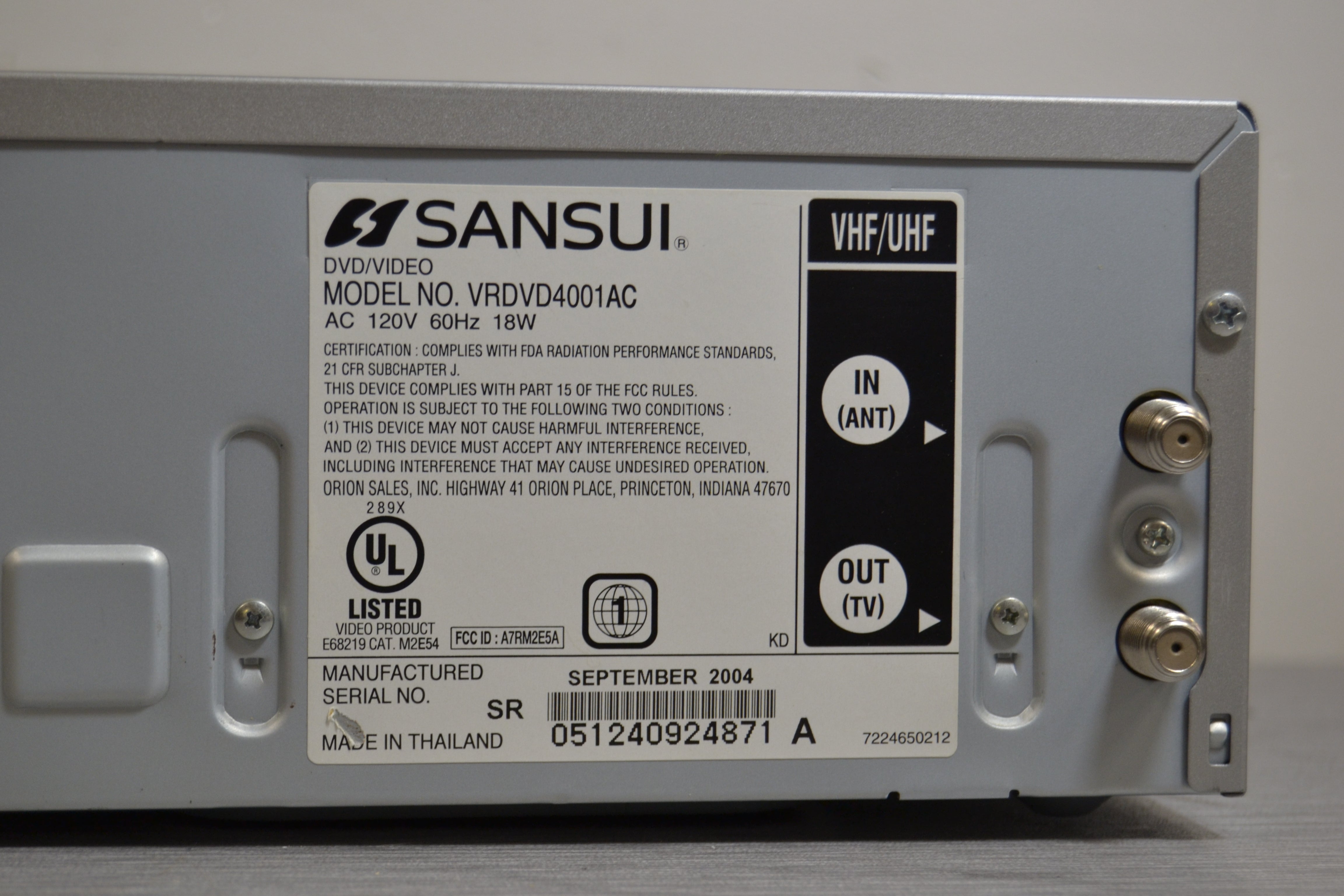Sansui VRDVD4001AC DVD VCR Combo 4 Head Hi-Fi Stereo VHS HD