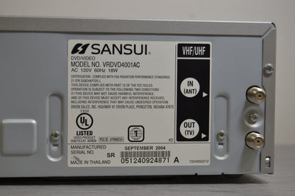 Sansui VRDVD4001AC DVD VCR Combo 4 Head Hi-Fi Stereo VHS HD Recorder