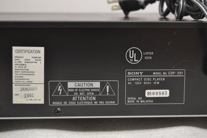 Sony CDP-391 Single CD Player * Remote * Fully Serviced