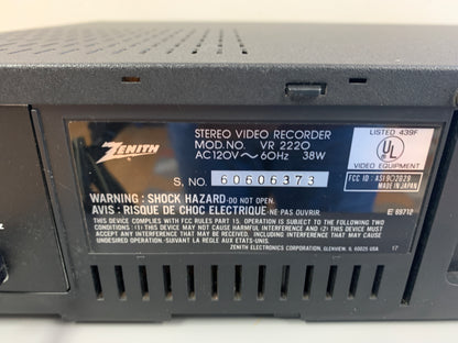 Zenith VR-2220 HiFi HQ Stereo Video Cassette Recorder