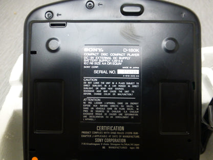 Sony Car Discman D-180K Portable CD Player * Cassette Adaptor * Power Supply