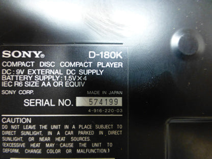 Sony Car Discman D-180K Portable CD Player * Cassette Adaptor * Power Supply