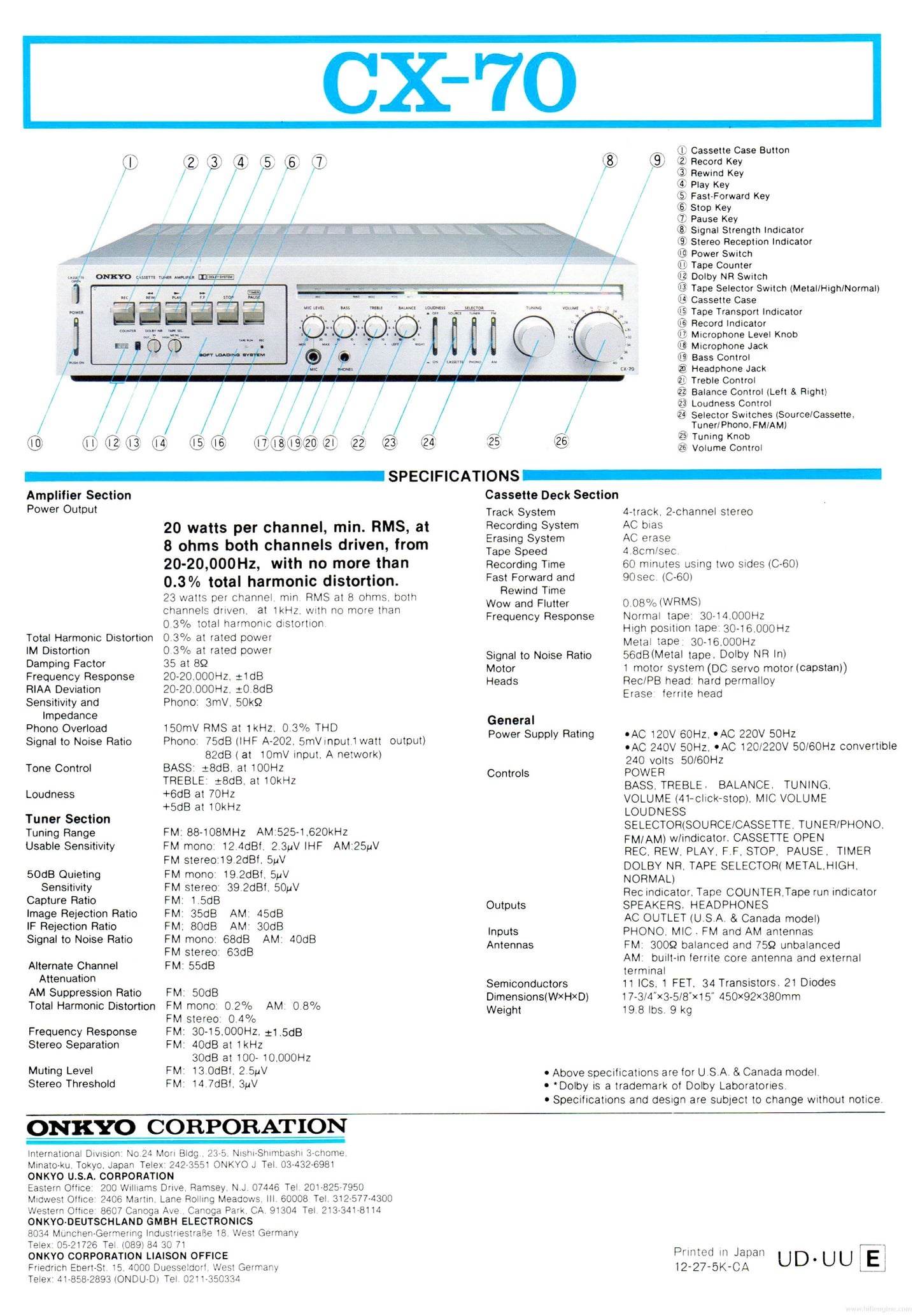 Onkyo CX-70 Stereo receiver & Cassette Deck  * 1980 * 20W