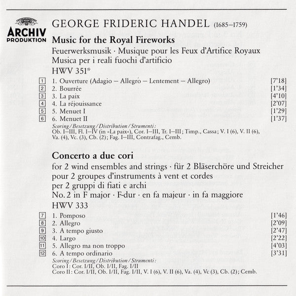 Georg Friedrich Händel / The English Concert, Trevor Pinnock : Music For The Royal Fireworks, Concerti A Due Cori (CD, Album)