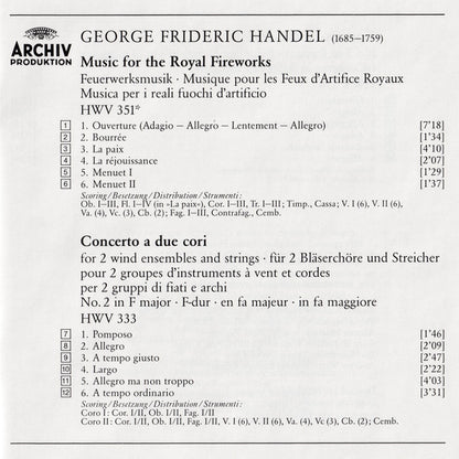 Georg Friedrich Händel / The English Concert, Trevor Pinnock : Music For The Royal Fireworks, Concerti A Due Cori (CD, Album)