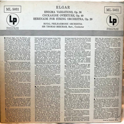 Sir Thomas Beecham, The Royal Philharmonic Orchestra, Sir Edward Elgar : Elgar: Enigma Variations, Op. 36 - Cockaigne Overture, Op. 40 - Serenade For String Orchestra, Op. 20 (LP, Album, Mono)