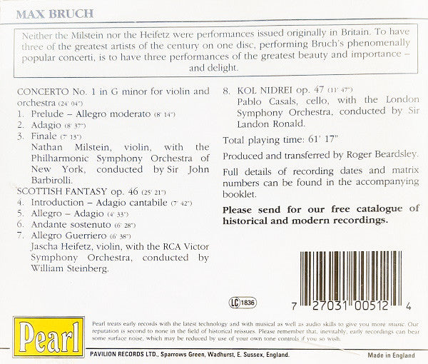 Max Bruch : Scottish Fantasy, Concerto No. 1 In G Minor, Kol Nidrei (CD, Comp, Mono)