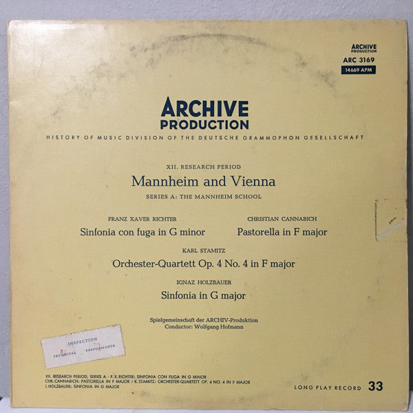 Franz Xaver Richter / Christian Cannabich / Carl Stamitz / Ignaz Jakob Holzbauer : Sinfonia Con Fuga In G Minor / Pastorale In F Major / Orchester-Quartett, Op. 4, No. 4 / Sinfonia In G Major (LP, Mono)