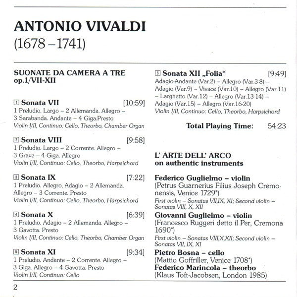 Antonio Vivaldi - L'Arte Dell'Arco, Christopher Hogwood : Suonate Da Camera A Tre Op. 1 / VII-XII (CD)