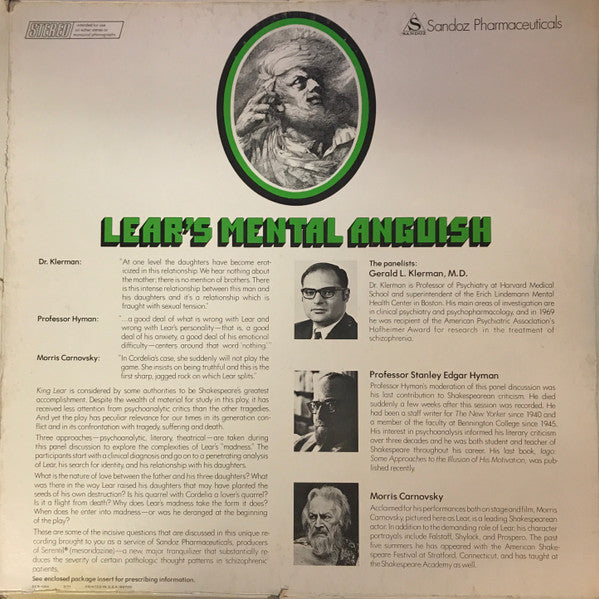 Gerald L. Klerman, M.D., Morris Carnovsky, Stanley Edgar Hyman : Lear's Mental Anguish (12")