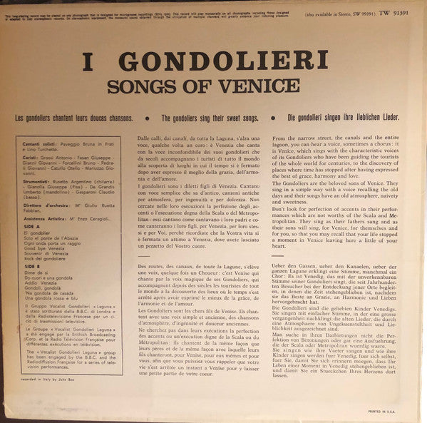 I Gondolieri : Songs Of Venice (LP, Album, Mono)