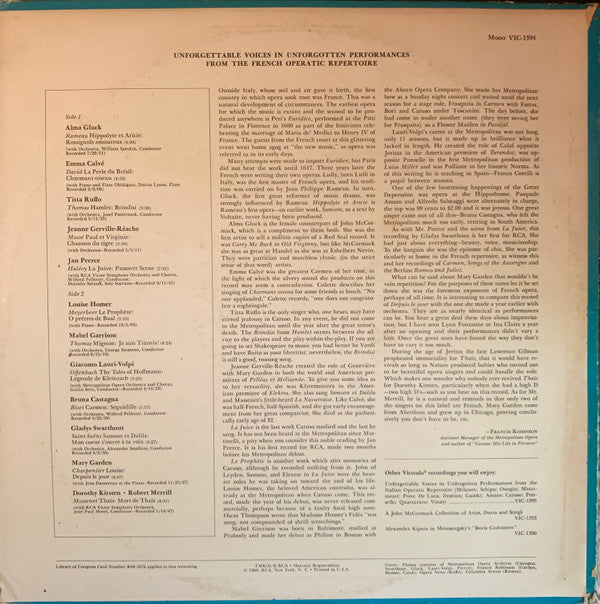 Various : Immortal Performances - Unforgettable Voices In Unforgotten Performances From The French Operatic Repertoire (LP, Comp, Mono)